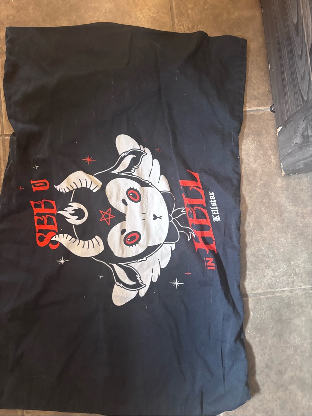Killstar Black Pillowcase with Red and White Horned Cat Graphic